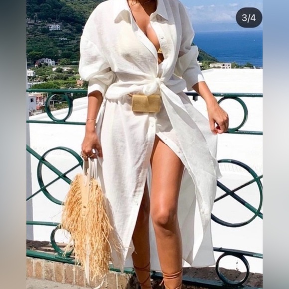 Zara Dresses & Skirts - Zara oyster off white ivory shirt dress long mid knot waist bow blogger vacay S